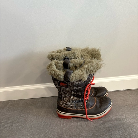 Sorel Herringbone Print Brown Fur-Lined Boots Size 9 - Picture 4 of 5